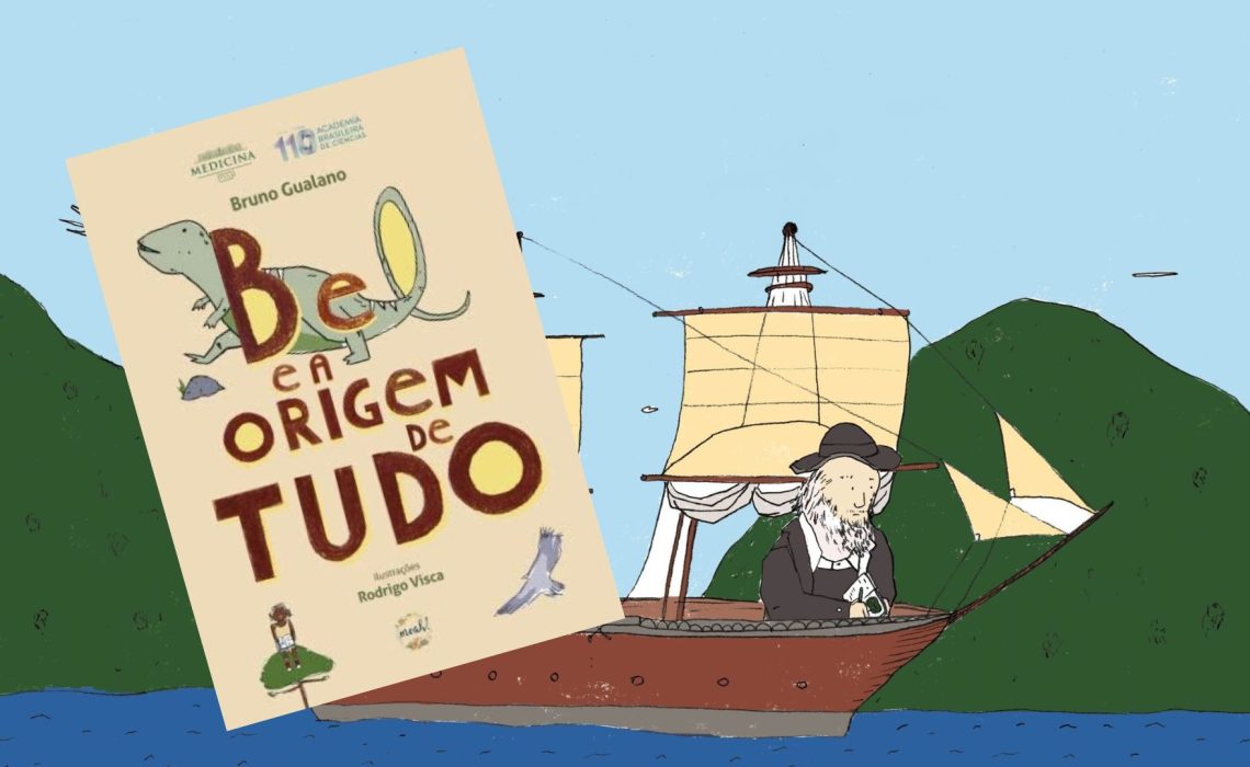Capa do livro Bel e a Origem de Tudo ao lado de ilustração de Charles Darwin em um barco no Brasil